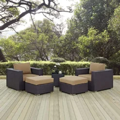 Crafttown 5-Piece Dark Brown Rattan Wicker Outdoor Sofa Set with Beige Waterproof Cushions, Powder-Coated Iron Frame, Ottomans & Glass Table for Garden, Patio, and Balcony