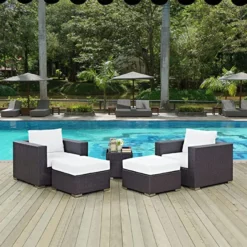 Crafttown 5-Piece Dark Brown Rattan Wicker Outdoor Sofa Set with White Waterproof Cushions, Powder-Coated Iron Frame, Removable Cushions & Glass Table for Patios, Gardens & More