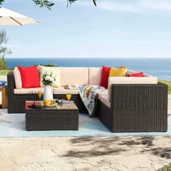 Premium Designer Dark Brown Rattan 3-Piece Outdoor Sectional Sofa Set | Luxury Garden, Patio & Poolside Seating with Cream Cushions and Glass Table