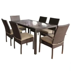 Dark Brown Rattan Dining Set | Luxury Patio, Garden & Poolside Seating with Cream Cushions