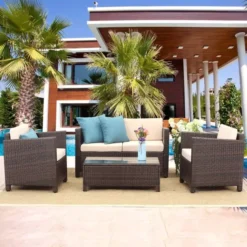 Grey & Sky-Blue Wicker Patio Furniture Set Perfect for outdoor spaces like patios, gardens, balconies, and poolside lounging