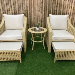 Crafttown 5-Piece Modular Rattan Wicker Outdoor Sofa Set with White Cushions, Powder-Coated Iron Frame, and Customizable Options for Patio, Deck, and Garden