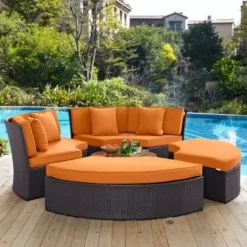 Wicker Outdoor Patio Round Daybed With Coffee Table(Dark Brown & Orange)