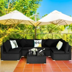 Premium Designer Black Rattan 5-Piece Sectional Sofa Set | Luxury Outdoor Patio, Garden, & Poolside Seating with Black Cushions