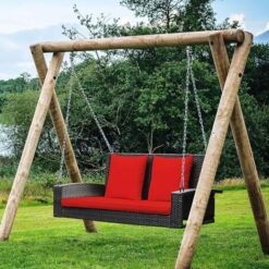 All Weather Outdoor Wicker Hanging 2-Person Swing Chair with Cushions (Dark Brown & Red)