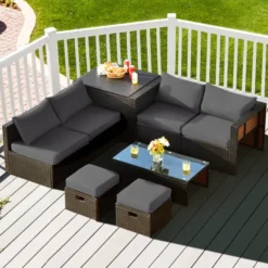 Premium Designer Dark Brown Rattan 8-Piece Outdoor Patio Set | Luxury Garden, Balcony & Poolside Lounge with Dark Grey Cushions & Glass Tables