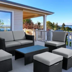 Premium Designer Black Rattan 6-Piece Outdoor Wicker Sofa Set | Luxury Garden, Patio & Balcony Lounge with Gray Cushions & Glass Coffee Table
