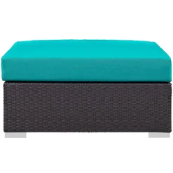 Convene Outdoor Patio Ottoman – Dark Brown Rattan & Powder-Coated Iron with Green Waterproof Cushion