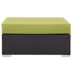 Convene Outdoor Patio Ottoman – Dark Brown Rattan & Powder-Coated Iron with Green Waterproof Cushion