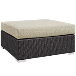 Convene Outdoor Patio Ottoman – Dark Brown Rattan & Powder-Coated Iron with Beige Waterproof Cushion