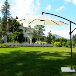 9 Ft Outdoor Patio Offset Cantilever Umbrella with Marble Base & Crank Handle for Garden(Off-white)