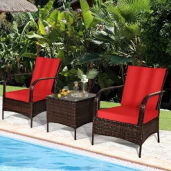 3-Piece Outdoor Rattan Sofa Set with Cushions & Glass Table – Weather-Resistant Iron Frame