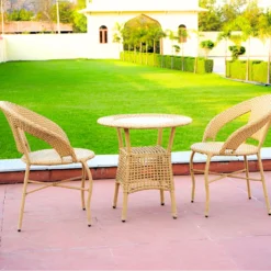 Outdoor Wicker Bistro Set – Beige HDPE Rattan with Powder-Coated Iron Frame