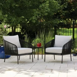 Crafttown 3-Piece Rope Bistro Set - Black with White Cushions, Powder Coated Iron Frame, Glass Top Table