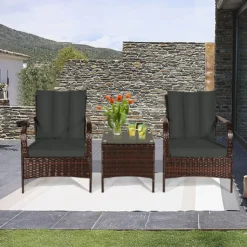 3-Piece Outdoor Rattan Sofa Set with Cushions and Glass Top Table