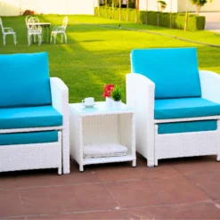 4 Piece Outdoor Wicker Patio Sofa with All Weather Cushion (Dark Brown & Turquoise Blue)
