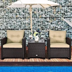 Crafttown 3-Piece Wicker Bistro Set with Cushions & Table | All-Weather Resin Patio Furniture | Powder-Coated Iron Frame, Waterproof Fabric