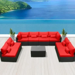 Black Rattan Wicker Outdoor Sofa Set | Luxury Garden, Terrace, Poolside & Patio Seating with Red Cushions