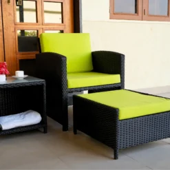 Crafttown 5-Piece All-Weather Rattan Patio Furniture Set with Cushions, Space-Saving Ottoman, and Glass Coffee Table – Black & Light Green