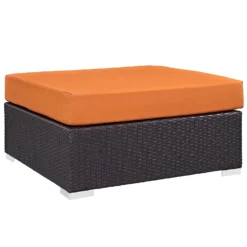 Convene Outdoor Patio Ottoman – Dark Brown Rattan & Powder-Coated Iron with Orange Waterproof Cushion, Customizable