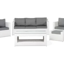 White Rattan Wicker 5-Piece Sectional Sofa Set | Luxury Garden, Patio, Balcony & Backyard Seating with Grey Cushions