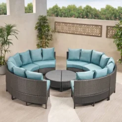 Dark Brown Sectional Sofa Set | Luxury Garden, Patio & Backyard Seating with Sky-Blue Cushions