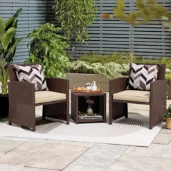 Crafttown 3-Piece Outdoor Wicker Conversation Set with Cushions & Glass Table | Dark Brown Resin Wicker, Powder-Coated Iron Frame | Ideal for Balconies, Gardens & Poolside