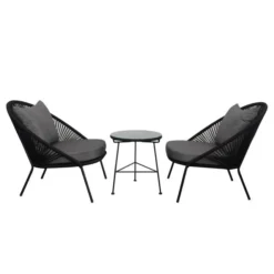 Crafttown 3-Piece Rope Bistro Set - Black with Grey Cushions, Powder Coated Iron Frame, Contemporary Patio Furniture