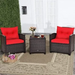 Crafttown 3-Piece Outdoor Rattan Bistro Set with Cushions & Coffee Table | Modern Patio Furniture | Weather-Resistant, Powder-Coated Iron Frame & UV-Protected Wicker