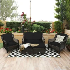 Premium Designer Dark Brown Rattan Wicker 5-Piece Sofa Set with Ottoman | Luxury Patio, Porch, & Balcony Seating with Black Cushions