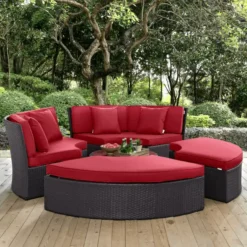 Wicker Outdoor Patio Round Daybed With Coffee Table(Dark Brown & Red)
