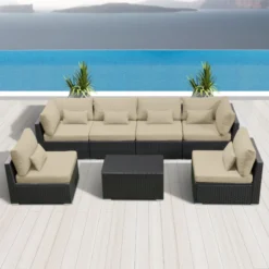Black Rattan Wicker Outdoor Sofa Set | Luxury Terrace, Patio & Garden Seating with Cream Cushions