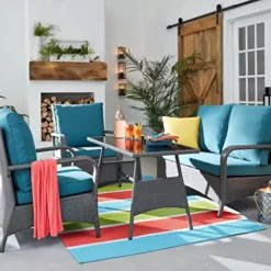 Ideal for Patios & Gardens | Grey & Sky-Blue Wicker Patio Furniture Set
