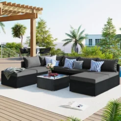 Black Wicker L-Shaped Sofa Set | Luxury Patio, Garden, Deck & Poolside Seating with Grey Cushions