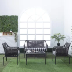 Crafttown Outdoor 4-Piece Patio Conversation Set – Dark Grey Furniture with Light & Dark Grey Cushions for Ultimate Comfort and Elegance