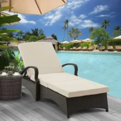 Dark Brown Rattan Outdoor Chaise Lounge | Luxury Poolside, Garden & Patio Seating with Cream Cushions