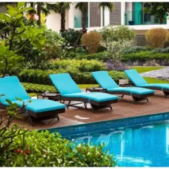 Dark Brown Rattan Adjustable Chaise Lounge | Luxury Poolside, Garden & Patio Seating with Sky Blue Cushions