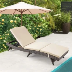 Dark Brown Rattan Adjustable Lounge Chair | Luxury Patio, Garden & Poolside Seating with Cream Cushions