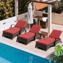 Dark Brown Rattan Foldable Lounge Chair | Luxury Patio, Garden & Poolside Seating with Red Cushions