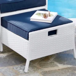 Crafttown 2-Piece White & Navy Blue Rattan Wicker Patio Set with Cushions, Powder-Coated Iron Frame, Removable Cushion Covers for Garden, Balcony & Living Room