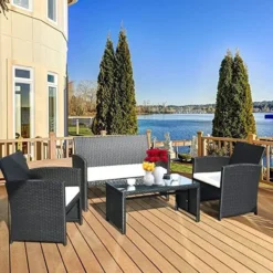 Outdoor L-Shape Patio Sectional Sofa Set with Cushions and Coffee Table (Black/White)