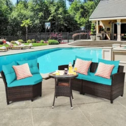 Durable Dark Brown Wicker Outdoor Sofa Set with Sky-Blue Cushions – Weather-Resistant, Comfortable & Low Maintenance