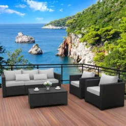 Premium Designer Black Rattan Outdoor Sectional Sofa Set with Coffee Table | Luxury Patio, Garden, Balcony & Terrace Seating with Gray Cushions
