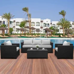 Premium Designer Black Rattan 4-Piece Outdoor Wicker Sofa Set | Luxury Patio, Garden & Balcony Seating with Gray Cushions & Glass Coffee Table