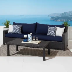 Crafttown Premium 3-Seater Wicker Outdoor Sofa Set with Table – Stylish, Durable, Navy Blue Cushions for Patio, Balcony & Poolside