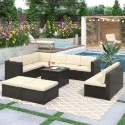 Dark Brown Wicker Outdoor Sectional Sofa Set | Luxury Garden, Patio, and Poolside Seating with Cream Cushions