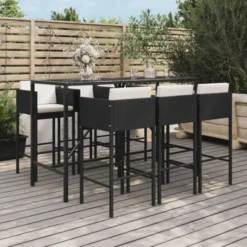 Black Rattan 7-Piece Outdoor Dining Set | Luxury Patio, Garden & Balcony Seating with White Cushions