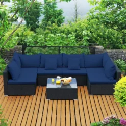 Black Rattan Wicker 5-Piece Sectional Sofa Set | Luxury Garden, Patio, Balcony & Backyard Seating with Blue Cushions