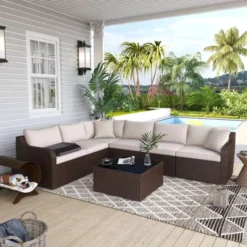 Dark Brown Rattan Wicker L-Shaped Sofa Set | Luxury Garden, Balcony & Poolside Seating with Cream Cushions