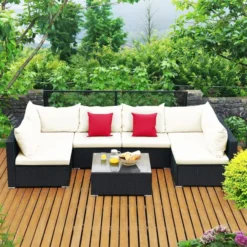 Black Rattan Wicker 5-Piece Sectional Sofa Set | Luxury Garden, Patio, Balcony & Backyard Seating with White Cushions